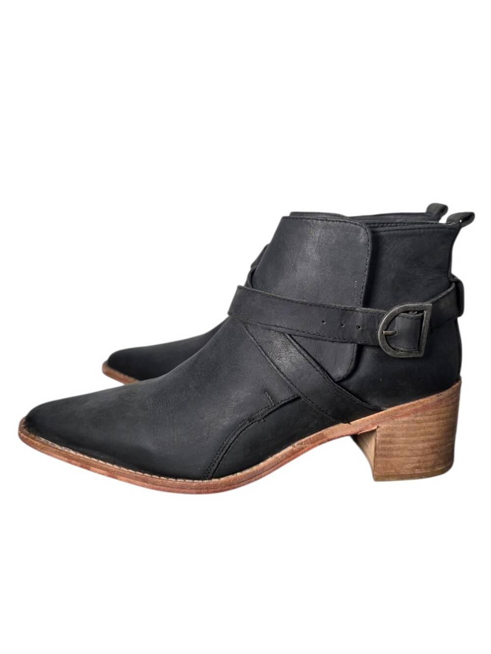 Free People Leather Ankle Black Boots Buckle Strap Block Heel 9